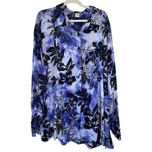MIB Making It Big 3X Button Down Long Sleeve Shirt Blue Black Leaves
